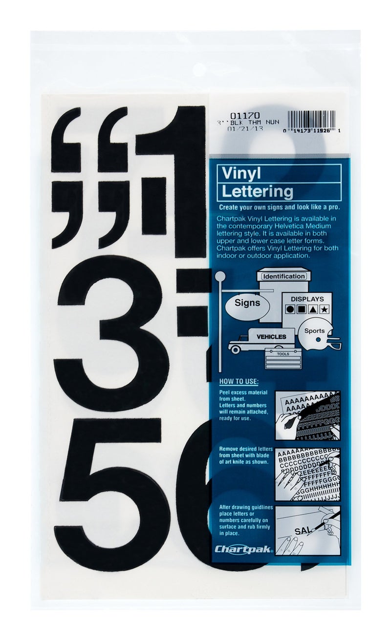 Chartpak Self-Adhesive Vinyl Numbers, 3 Inches High, Black, 10 per Pack (01170) - Image 1